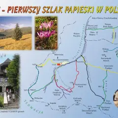 Mapa Tatr z zaznaczonym szlakiem papieskim, widok na Polanę Chochołowską, krokusy i schronisko.