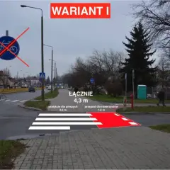 Pasy na ścieżce rowerowej i przejściu dla pieszych. Wariant I pokazuje połączone przejście dla pieszych (2,5 m) i przejazd dla rowerzystów (1,8 m).