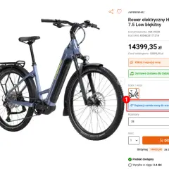 Błękitny rower elektryczny Haibike Trekking 7.5 Low. Kliknij "Dopasuj rozmiar ramy do wzrostu", aby dowiedzieć się, jak zmierzyć przekrok.