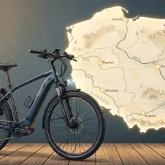 Gotowy rower elektryczny z sakwami obok mapy Polski, sugerujący podróż i rejestrację roweru.