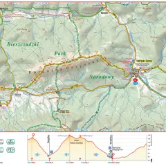 Mapa szlaku Głównego Szlaku Beskidzkiego przez Połoninę Caryńską i Park Narodowy. Widoczne szczyty, schroniska i odległości.