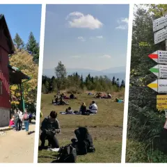 Chatka z panelami słonecznymi, ludzie odpoczywający na trawie i drogowskazy szlaków turystycznych, w tym do schroniska na Leskowcu.
