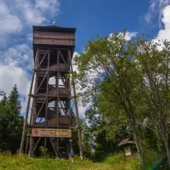 Drewniana wieża widokowa na szczycie Gorc. W dole ścieżka, po której idzie turystka.