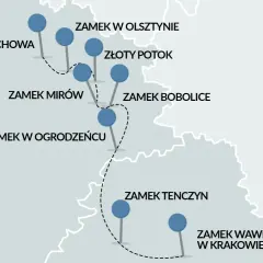 Mapa turystyczna z zaznaczonymi zamkami: Częstochowa, Zamek Olsztyn, Złoty Potok, Mirów, Bobolice, Ogrodzieniec, Tenczyn, Wawel. Szlak Orlich Gniazd.