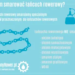 Łańcuch rowerowy smarujemy specjalnym olejem. Nie używaj oleju jadalnego, samochodowego, motocyklowego, wazeliny, smaru stałego, grafitowego ani WD40.