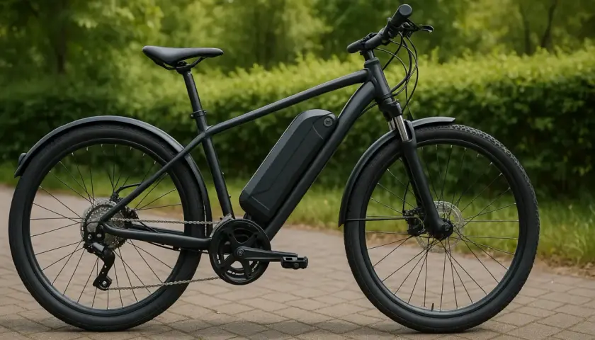Czarny rower elektryczny wavelo z baterią na ramie, gotowy na miejskie wyprawy po ścieżkach wśród zieleni.