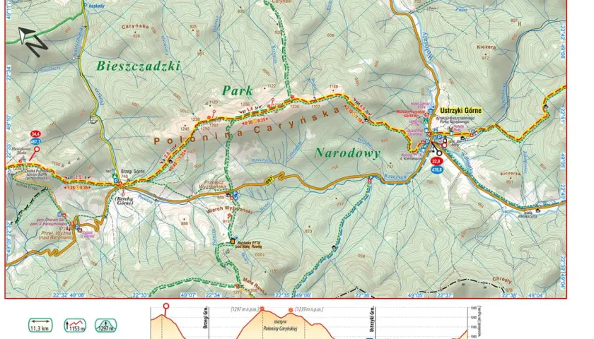 Mapa szlaku Głównego Szlaku Beskidzkiego przez Połoninę Caryńską i Park Narodowy. Widoczne szczyty, schroniska i odległości.