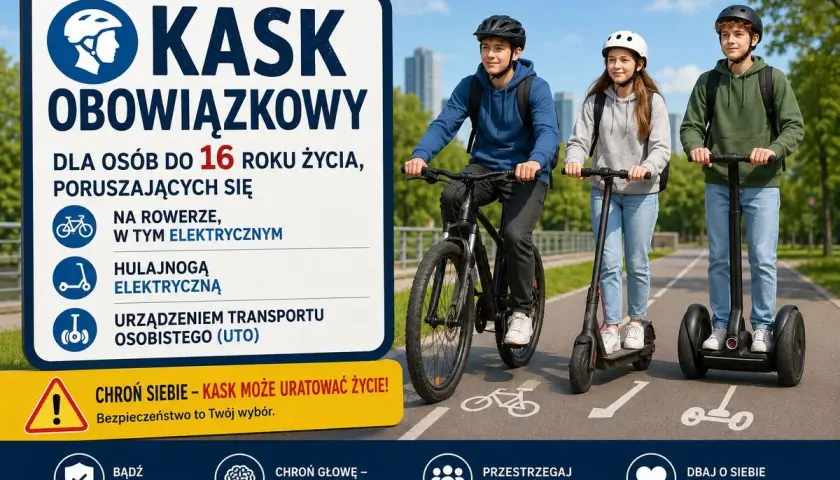 Trójka młodych ludzi na rowerze, hulajnodze elektrycznej i segwayu. Czy kask na rower jest obowiązkowy? Tak, dla osób do 16 lat.