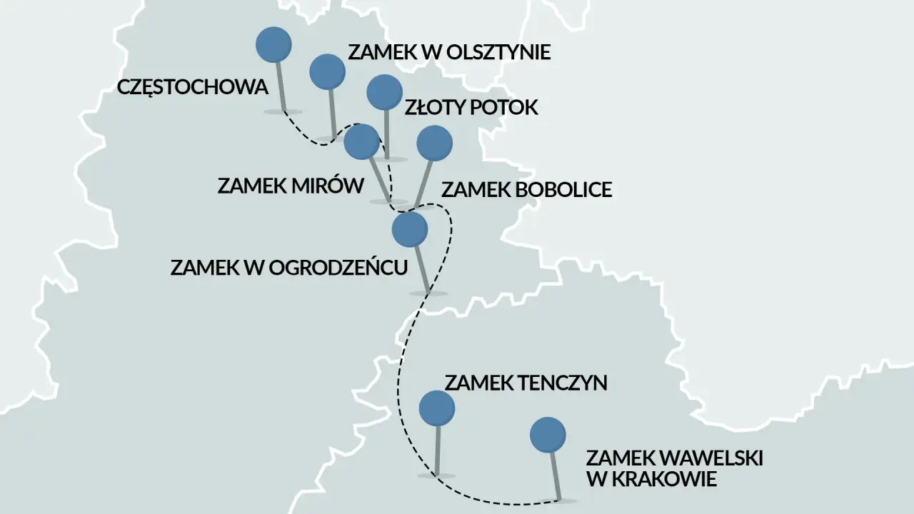 Mapa turystyczna z zaznaczonymi zamkami: Częstochowa, Zamek Olsztyn, Złoty Potok, Mirów, Bobolice, Ogrodzieniec, Tenczyn, Wawel. Szlak Orlich Gniazd.