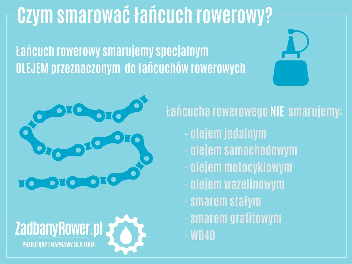Łańcuch rowerowy smarujemy specjalnym olejem. Nie używaj oleju jadalnego, samochodowego, motocyklowego, wazeliny, smaru stałego, grafitowego ani WD40.