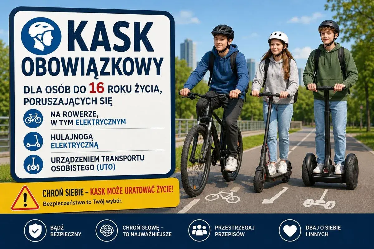 Trójka młodych ludzi na rowerze, hulajnodze elektrycznej i segwayu. Czy kask na rower jest obowiązkowy? Tak, dla osób do 16 lat.