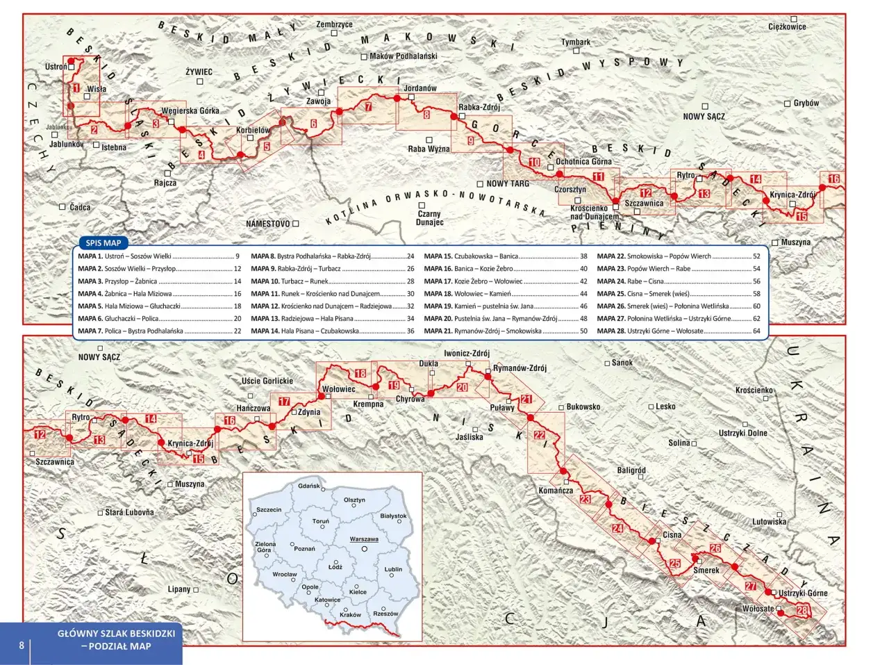 Mapa szlaku główny szlak beskidzki z podziałem na mniejsze mapy i miejscowości.