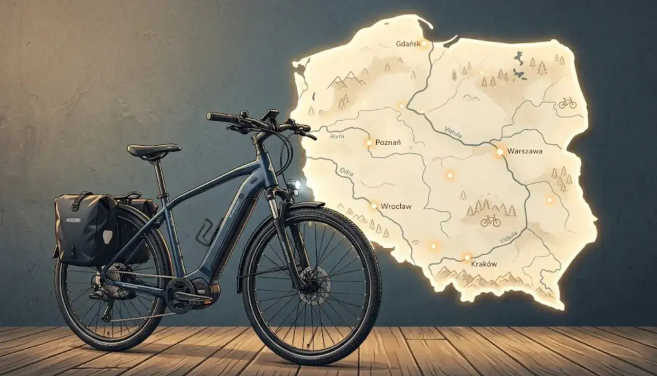 Rower elektryczny obok mapy Polski. Czy rower elektryczny trzeba rejestrować? Zobacz, gdzie warto pojechać na wycieczkę!