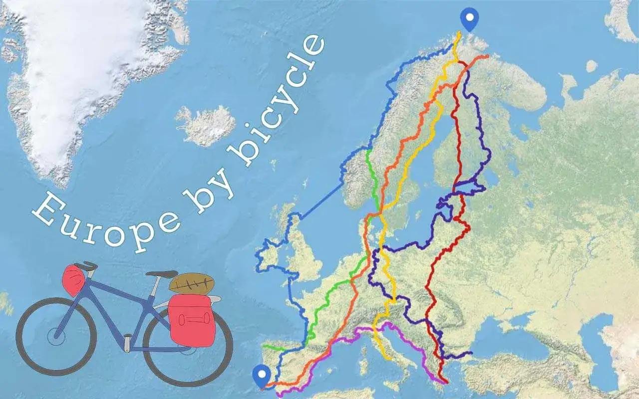 Mapa Europy z zaznaczonymi trasami rowerowymi. Rower z sakwami symbolizuje podróż. Odkryj monumenty kolarskie!