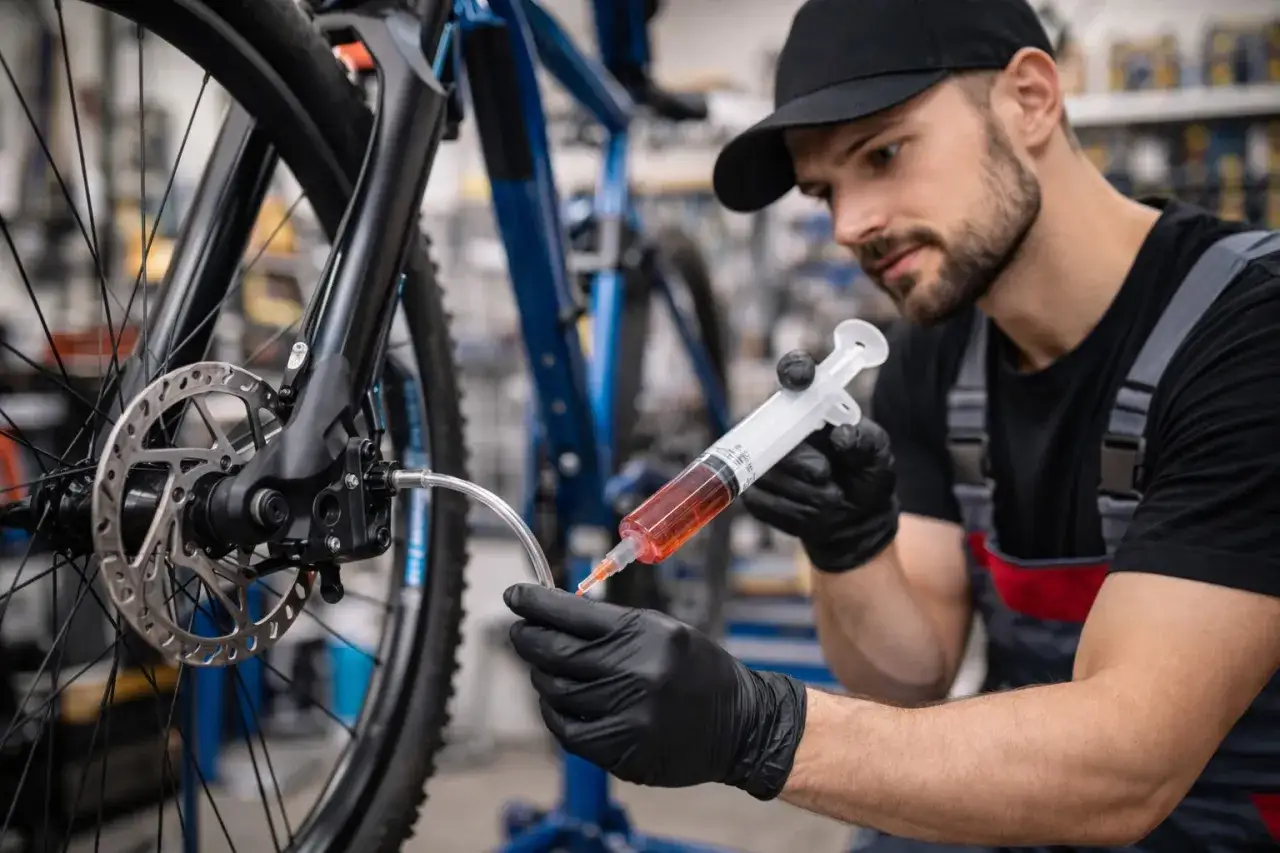 Mechanik dokonuje naprawy napędu roweru, odpowietrzając hamulce.