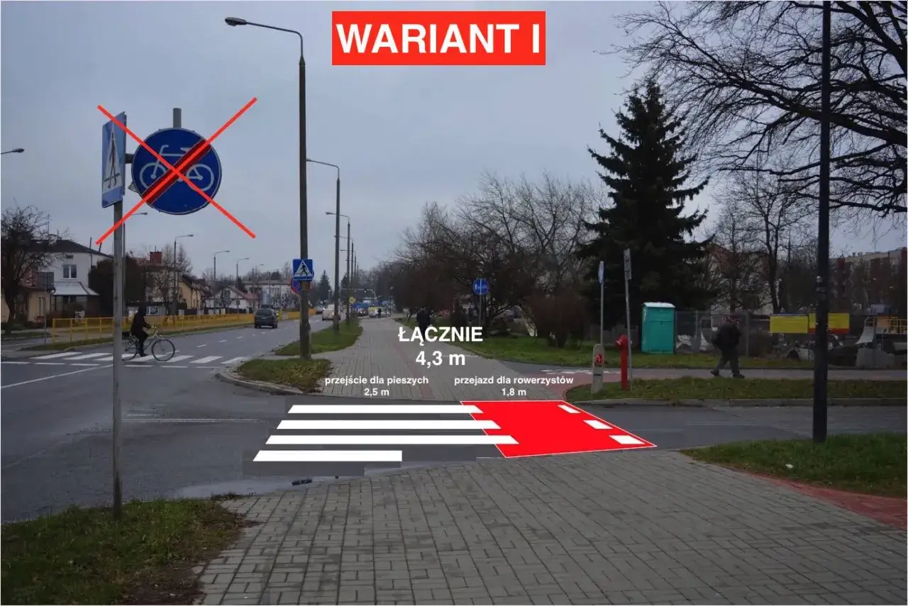 Przejście dla pieszych i rowerzystów. Czerwona strzałka pokazuje, kiedy rowerzysta ma pierwszeństwo, a białe pasy oznaczają przejście dla pieszych.