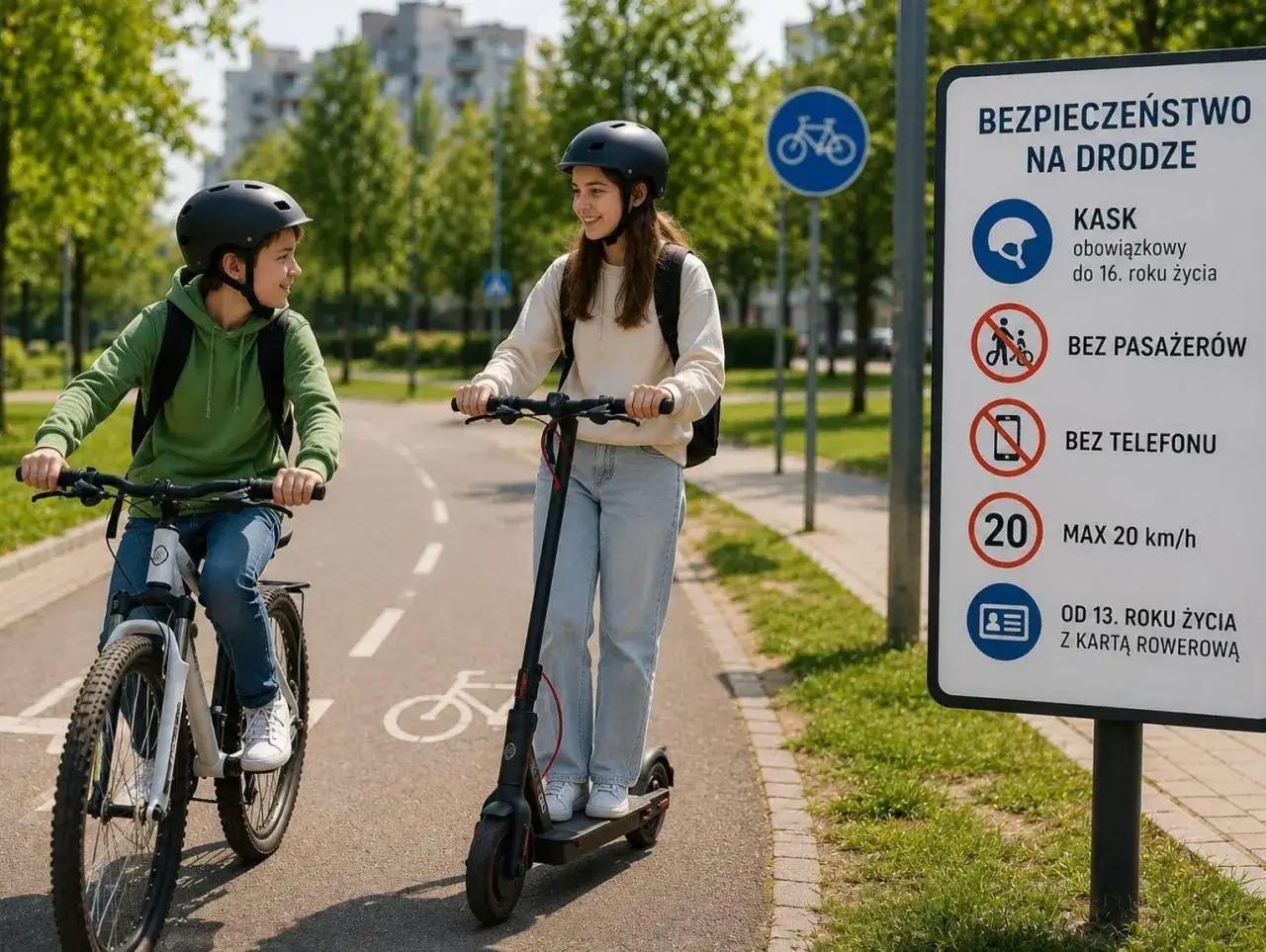 Dzieci na ścieżce rowerowej: chłopiec na rowerze, dziewczynka na hulajnodze. Znak informuje, czy hulajnogą można jeździć po ścieżce rowerowej.