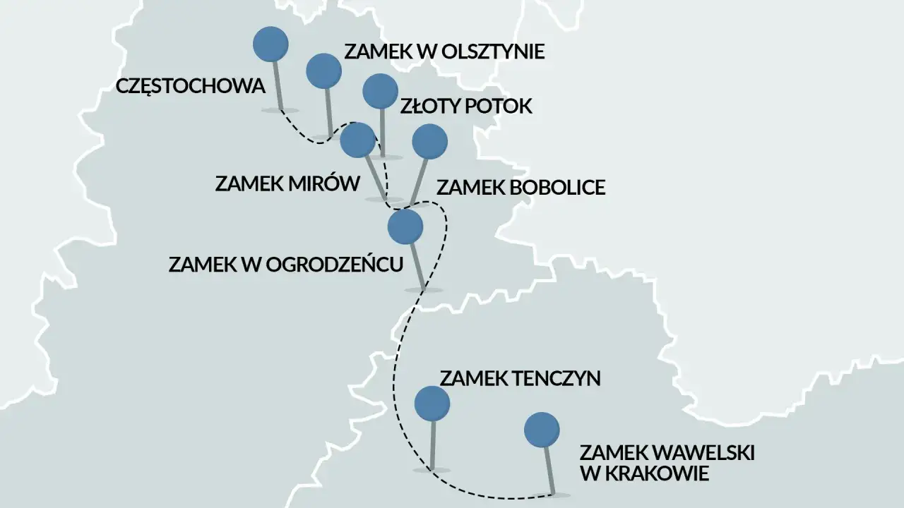 Mapa turystyczna z zaznaczonymi zamkami na Szlaku Orlich Gniazd: Częstochowa, Olsztyn, Złoty Potok, Mirów, Bobolice, Ogrodzieniec, Tenczyn, Wawel w Krakowie.